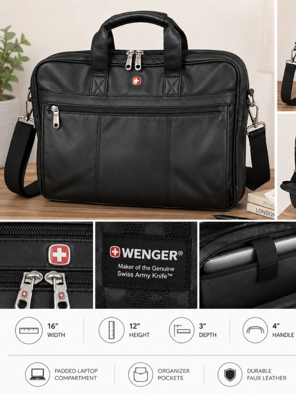 Wenger Black Laptop Briefcase Messenger Bag Faux Leather Shoulder Strap